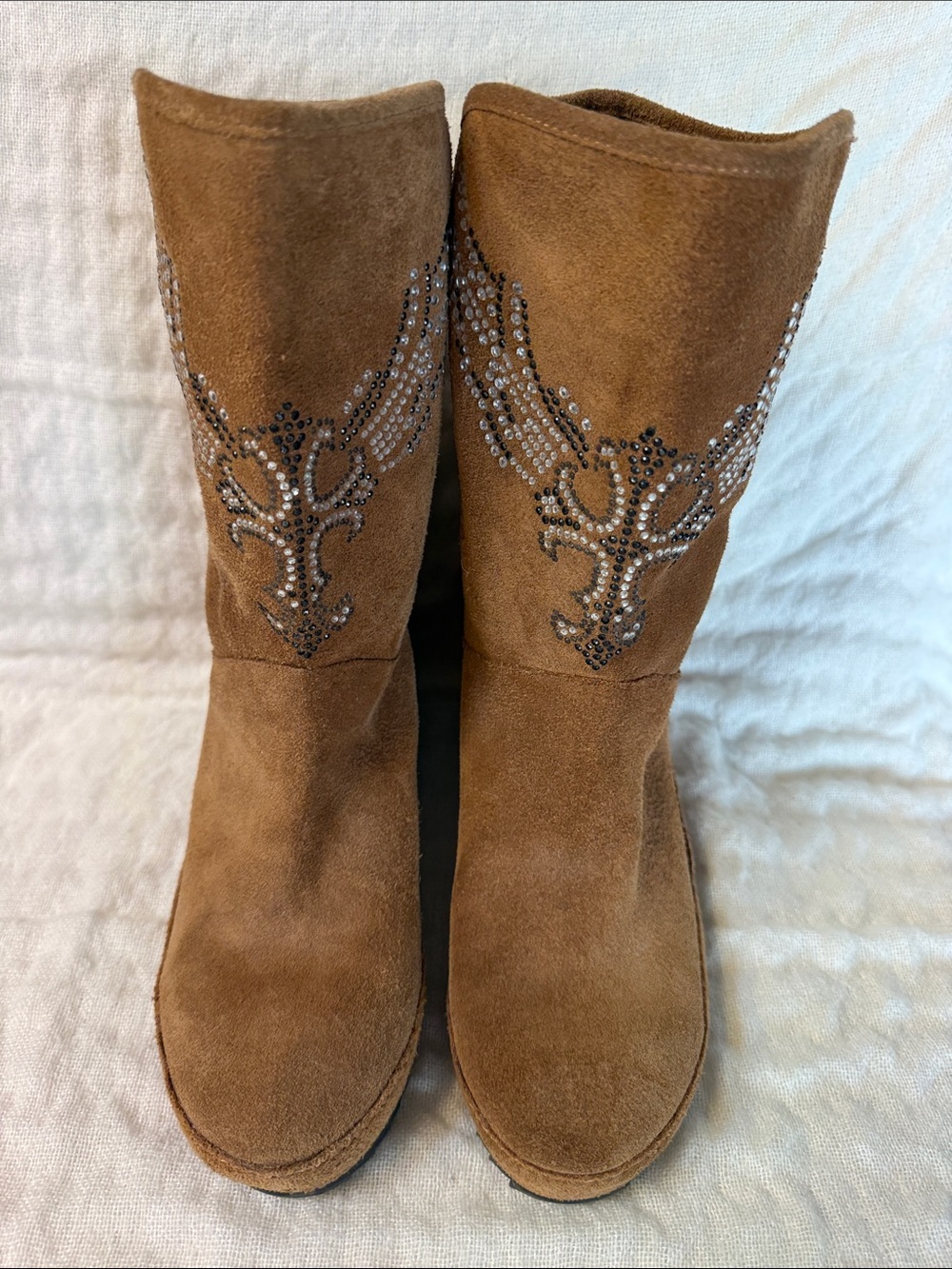 Women’s Brown Suede Mid-Calf Heeled Boots with Crystal Accent